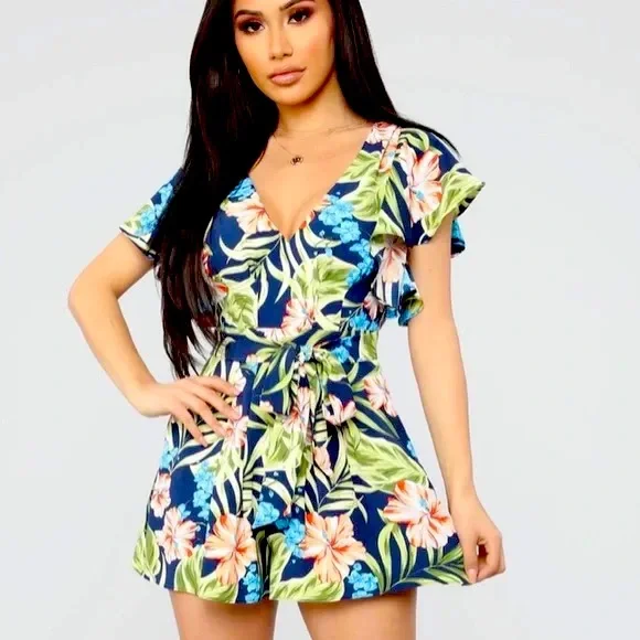 Fashion Nova | Pants & Jumpsuits | Fashion Nova Green Hawaiian Romper Size  S | Poshmark